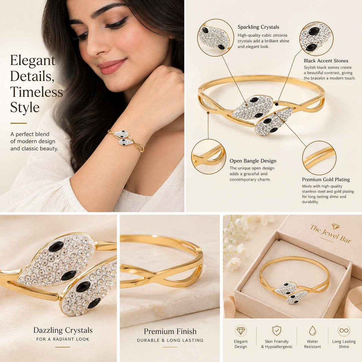 Gold open bangle ring with sparkling clear crystals and black accent stones, shown on a model's wrist and in detail across multiple panels with text highlighting features like sparkling crystals, black accent stones, and premium gold plating.