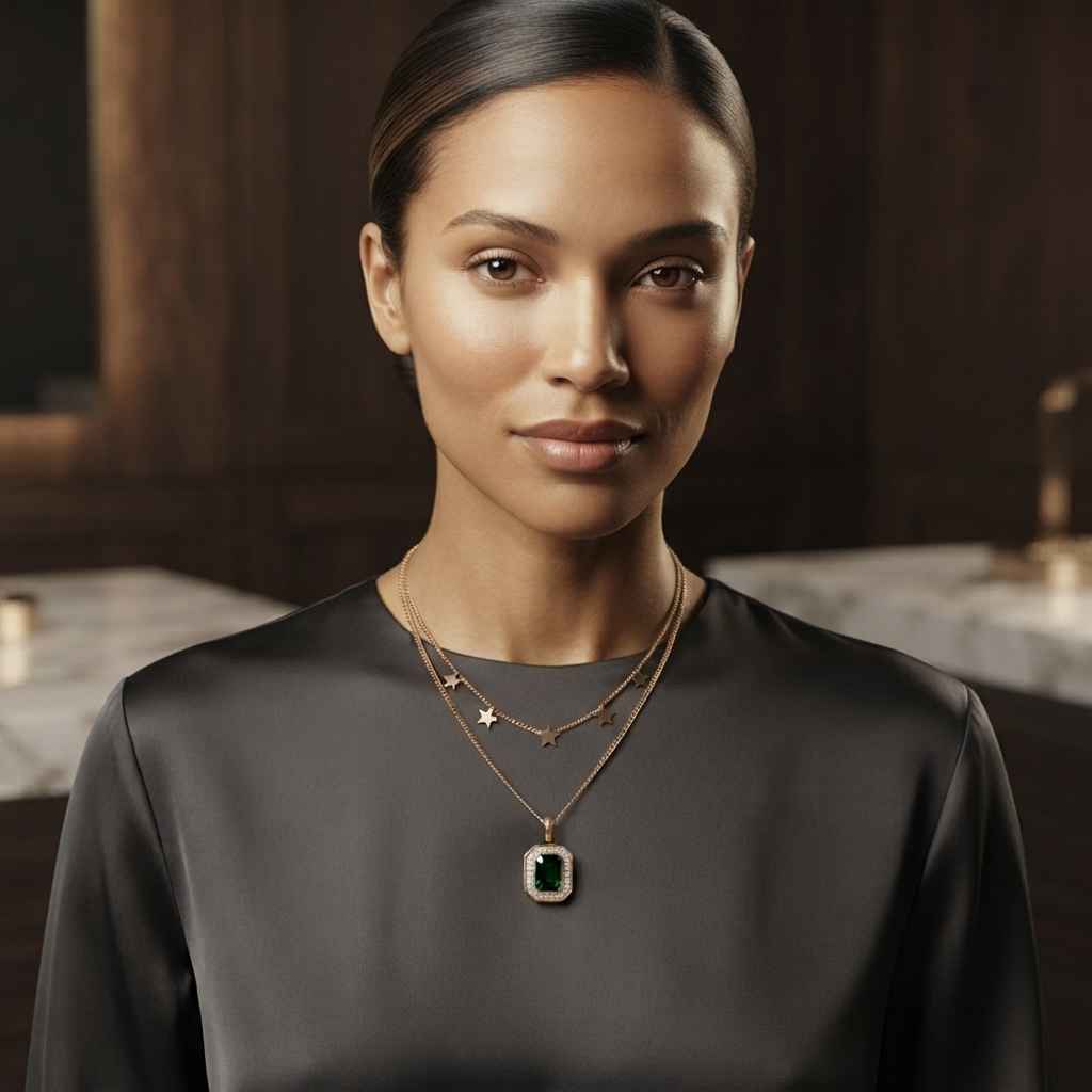 A woman wearing a layered gold necklace set, featuring a central pendant with a green emerald-cut stone and delicate star-shaped chains, set against a dark, elegant background.