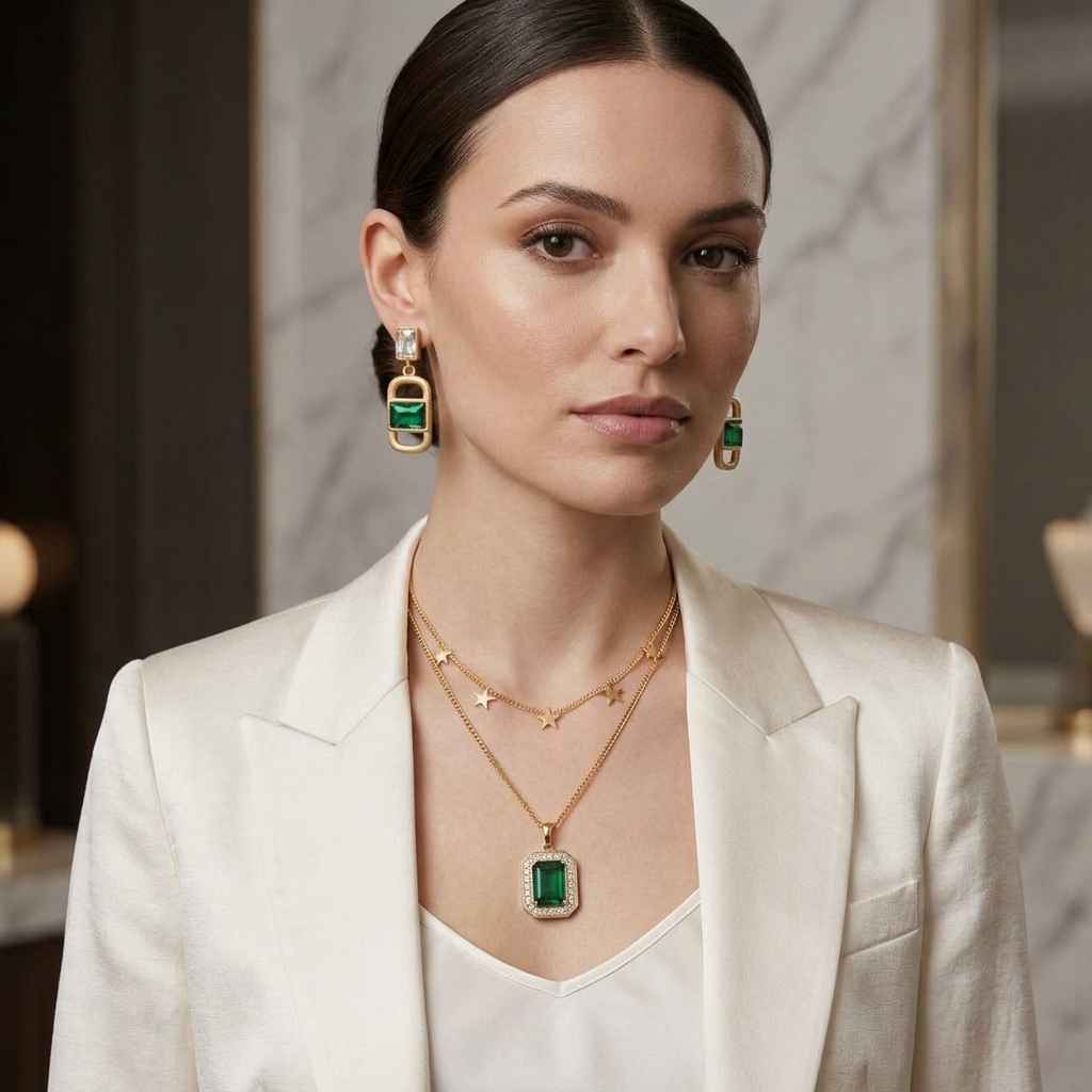 The Emerald Star Jewelry Set | Layered Star Necklace & Drop Earrings