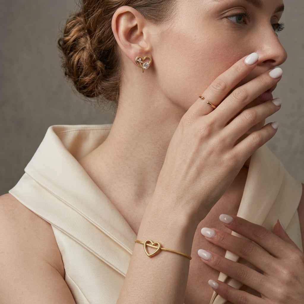 A close-up lifestyle shot of a woman wearing a delicate gold heart bracelet on her wrist, a matching gold heart stud earring, and a thin gold ring on her finger. She is wearing a cream-colored satin top against a neutral gray background.